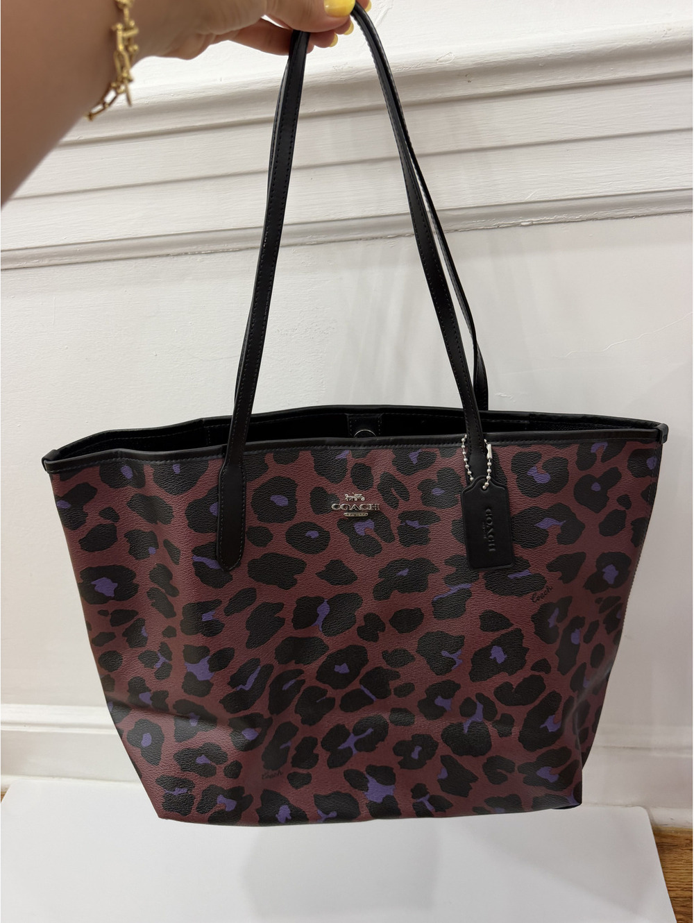 Coach Burgundy and Black Leopard Print Tote with Purple Accents